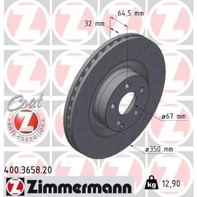 Bilde av ZIMMERMANN COAT Z 400.3658.20 Bremseskiver 350 32 6/5 5 112 innvendig ventilert, hullet belagt MERCEDES BENZ: E Klasse T modell, Sedan