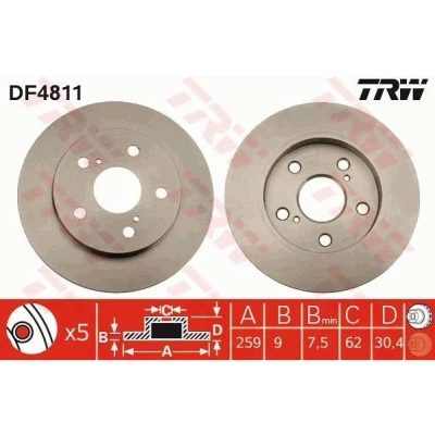 Bilde av TRW DF4811 Bremseskiver 259 9 5 114,3 fullt ut spraylakkert TOYOTA: Auris Hatchback, Corolla X Sedan, XI Sedan