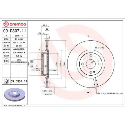 Bilde av BREMBO 09.D307.11 Bremseskiver 280 22 4 innvendig ventilert belagt MAZDA: MX 5 IV