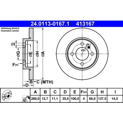 Bilde av ATE 24.0113 0167.1 Bremseskiver 260,0 12,7 4 100,0 fullt ut belagt BMW: 3 Sedan, Cabrio