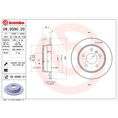 Bilde av BREMBO COATED DISC LINE 08.9580.21 Bremseskiver 258 8 5 fullt ut belagt høy karbon med skruer MERCEDES BENZ: A Klasse, Vaneo