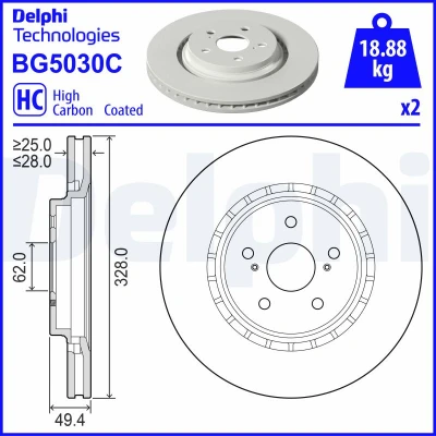 Bilde av 2x DELPHI Bremseskive TOYOTA: RAV4 V, Camry VIII Sedan, LEXUS: RX IV 328mm 28mm 5 ventilert BG5030C Bremseskiver, Skivebremser