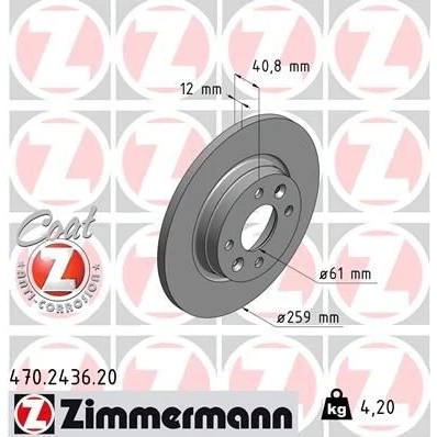 Bilde av ZIMMERMANN COAT Z 470.2436.20 Bremseskiver 259 12 6/4 4 100 fullt ut belagt SMART: Forfour II Hatchback, Fortwo III Coupé