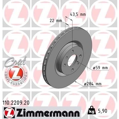 Bilde av ZIMMERMANN COAT Z 110.2209.20 Bremseskiver 284 22 6/4 4 98 innvendig ventilert belagt FIAT: BRAVO 2, Doblo I Cargo, Stilo Hatchback