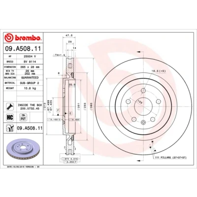Bilde av BREMBO COATED DISC LINE 09.A508.11 Bremseskiver 365 28 5 innvendig ventilert belagt høy karbon med skruer CHEVROLET: Camaro V Coupé