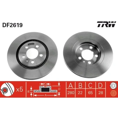 Bilde av TRW DF2619 Bremseskiver 280 22 5 100 ventilert spraylakkert med skruer VOLKSWAGEN: GOLF 3, Passat B3/B4 Stasjonsvogn