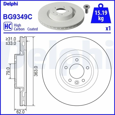 Bilde av DELPHI BG9349C Bremseskiver 363 33 5 ventilert belagt høy karbon uten hjullager, ABS sensorring LAND ROVER: Range Rover Sport, 4