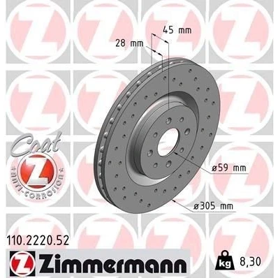 Bilde av ZIMMERMANN Bremseskive ALFA ROMEO: MiTo SPORT COAT Z 305mm 28mm 8/4 4 hull 98mm innvendig ventilert, hullet belagt 110.2220.52 51738833,51813785