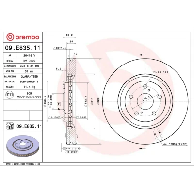 Bilde av BREMBO 09.E835.11 Bremseskiver 328 34 5 innvendig ventilert belagt