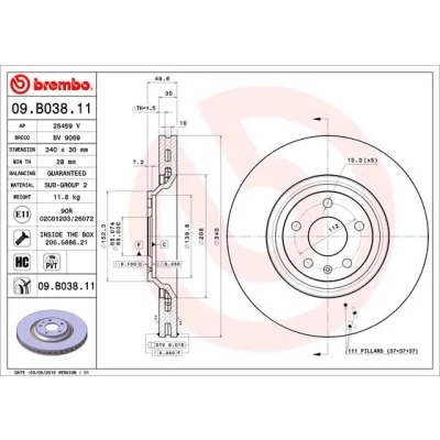 Bilde av BREMBO COATED DISC LINE 09.B038.11 Bremseskiver 340 30 5 innvendig ventilert belagt høy karbon med skruer AUDI: TT Coupé, Roadster