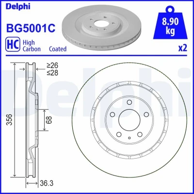 Bilde av DELPHI BG5001C Bremseskiver 356 28 5 ventilert belagt høy karbon uten hjullager, ABS sensorring PORSCHE: Macan