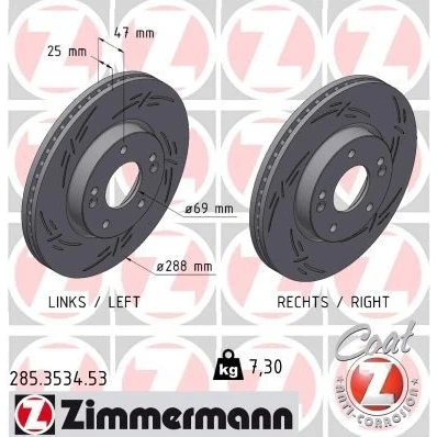 Bilde av ZIMMERMANN 285.3534.53 Bremseskiver 288 25 7/5 5 114 innvendig ventilert, med sliss belagt