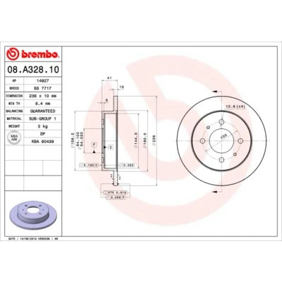 Bilde av BREMBO 08.A328.10 Bremseskiver 236 10 4 fullt ut MITSUBISHI: Carisma Sedan, Lancer Stasjonsvogn, 6 Limousine