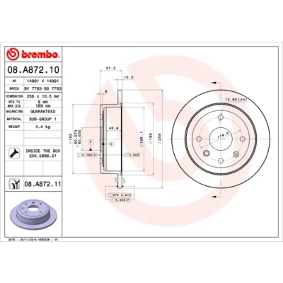 Bilde av BREMBO COATED DISC LINE 08.A872.11 Bremseskiver 258 10,5 4 fullt ut belagt med skruer CHEVROLET: Lacetti Sedan, Nubira Stasjonsvogn, Hatchback