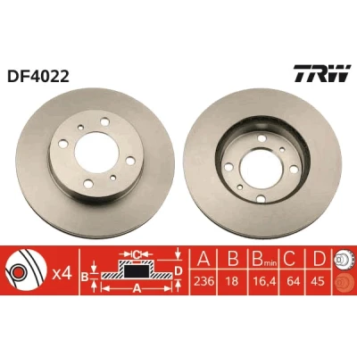 Bilde av TRW DF4022 Bremseskiver 236 18 4 100 ventilert spraylakkert MITSUBISHI: Carisma Sedan, Lancer Stasjonsvogn, 6 Limousine