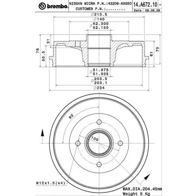 Bilde av BREMBO 14.A672.10 Bremsetrommel uten ABS sensorring 203 NISSAN: MICRA 3, Note I