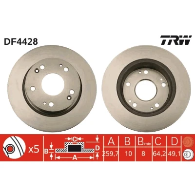 Bilde av TRW DF4428 Bremseskiver 260 10 5 114,3 fullt ut spraylakkert HONDA: Accord 7 Limousine