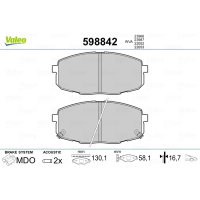 Bilde av VALEO 598842 Bremseklosser framaksel inkl. slitasjevarselkontakt uten antiskrike blikk KIA: SOUL 2, cee‘d II Sportswagon, Sportage