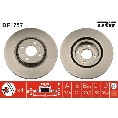 Bilde av TRW DF1757 Bremseskiver 284 22 4 98 ventilert spraylakkert høy karbon FIAT: Punto II Hatchback, ALFA ROMEO: 155