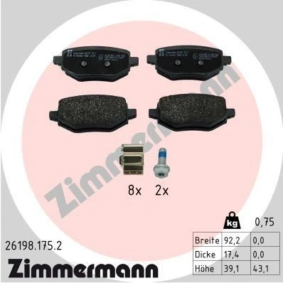 Bilde av ZIMMERMANN 26198.175.2 Bremseklosser ikke klargjort for slitasjeindikator med skruer Bildet viser leveranseinnholdet, glideplate