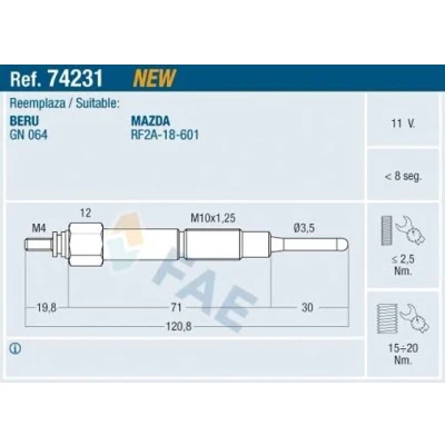 Bilde av FAE 74231 Glødeplugg 11V M 10x1,25 MAZDA: 6 Hatchback