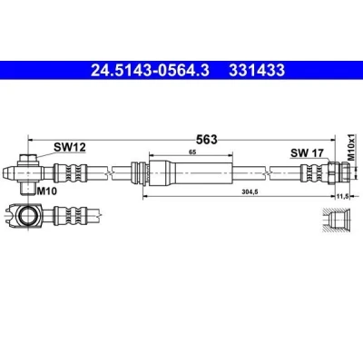 Bilde av ATE 24.5143 0564.3 Bremseslange 563 M10x1 VOLKSWAGEN: Golf 5, Touran I, Caddy 3, SKODA: Octavia 2 Combi, Superb II Stasjonsvogn, Yeti