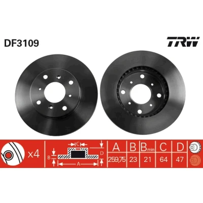 Bilde av TRW DF3109 Bremseskiver 260 23 4 114 ventilert spraylakkert HONDA: Accord 6 Coupe, Prelude V, Limousine