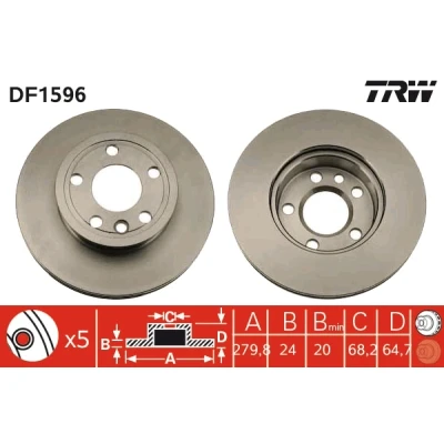 Bilde av TRW DF1596 Bremseskiver 280 24 5 112 ventilert spraylakkert VOLKSWAGEN: Transporter 4 Bus,