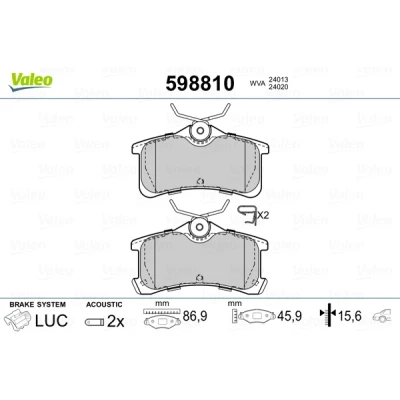 Bilde av VALEO 598810 Bremseklosser bakaksel inkl. slitasjevarselkontakt med antihyle blikk TOYOTA: Avensis I Sedan, Corolla VIII Liftback