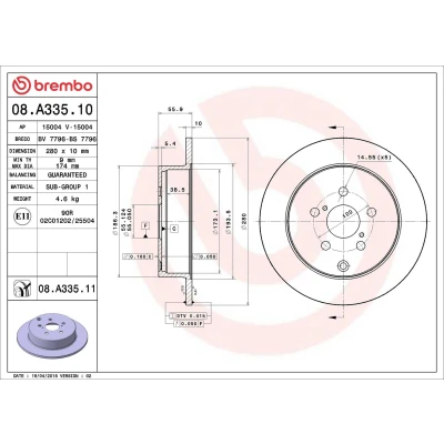 Bilde av BREMBO 08.A335.10 Bremseskiver 280 10 5 fullt ut TOYOTA: Avensis II Station Wagon, Sedan, Hatchback