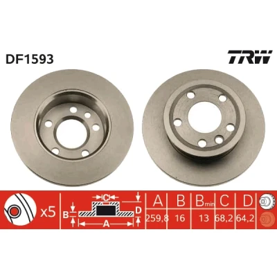Bilde av TRW DF1593 Bremseskiver 260 16 5 112 fullt ut spraylakkert VOLKSWAGEN: Transporter 4 Bus,