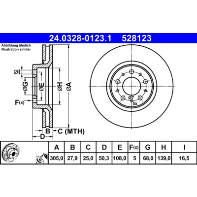 Bilde av ATE PowerDisc 24.0328 0123.1 Bremseskiver 305,0 27,9 5 108,0 ventilert belagt VOLVO: V70 2, XC70 I Cross Country, S80