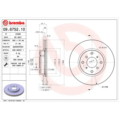 Bilde av BREMBO 09.6752.10 Bremseskiver 282 23 4 innvendig ventilert med skruer