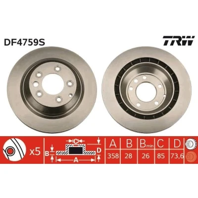 Bilde av TRW DF4759S Bremseskiver 358 28 5 130 ventilert spraylakkert høy karbon PORSCHE: Cayenne, AUDI: Q7, VOLKSWAGEN: Touareg I