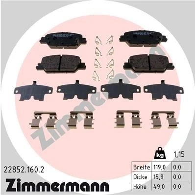 Bilde av ZIMMERMANN 22852.160.2 Bremseklosser med akustisk slitasjevarsel Bildet viser leveranseinnholdet, glideplate