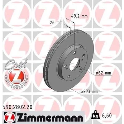 Bilde av ZIMMERMANN COAT Z 590.2802.20 Bremseskiver 273 26 7/5 5 114 innvendig ventilert belagt høy karbon TOYOTA: Auris Hatchback