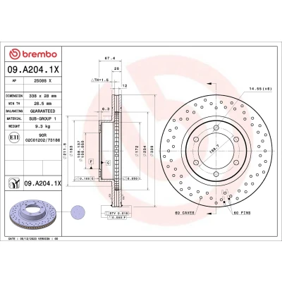 Bilde av BREMBO Bremseskive TOYOTA: Land Cruiser Prado 120 338mm 28mm 6 perforert / ventilert belagt 09.A204.1X Bremseskiver, Skivebremser