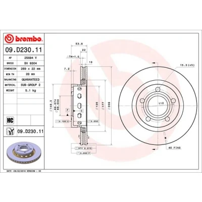 Bilde av BREMBO 09.D230.11 Bremseskiver 269 22 5 innvendig ventilert belagt høy karbon AUDI: A6 C5 Avant, Sedan, VOLKSWAGEN: Passat B5 GP Stasjonsvogn