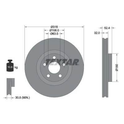 Bilde av TEXTAR 92293605 Bremseskiver 316 32 05/05 108 innvendig ventilert belagt høy karbon uten hjullager, hjulfestebolt, hjulnav FORD: S Max Mk2