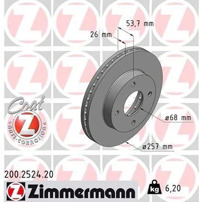 Bilde av ZIMMERMANN COAT Z 200.2524.20 Bremseskiver 257 26 4/4 4 114 innvendig ventilert belagt NISSAN: NV200 / Evalia Minibuss, Varebil Stasjonsvogn