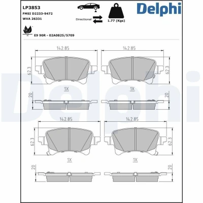 Bilde av DELPHI LP3853 Bremseklosser med akustisk slitasjevarsel antihyle blikk uten tilbehør JEEP: Wrangler IV