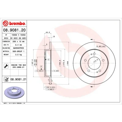 Bilde av BREMBO COATED DISC LINE 08.9081.21 Bremseskiver 258 10 5 fullt ut belagt med skruer HYUNDAI: ix20, KIA: Venga