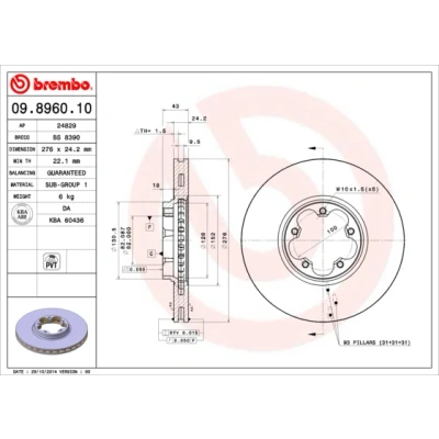 Bilde av BREMBO 09.8960.10 Bremseskiver 276 24,3 5 innvendig ventilert FORD: Transit Mk5 Flatvogn lastebil/Chassis, Minibuss
