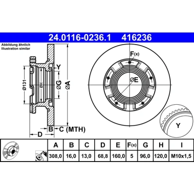 Bilde av ATE 24.0116 0236.1 Bremseskiver 308,0 16,0 5 160,0 fullt ut belagt med ABS senorring FORD: Transit Custom V362 Van, V363 Van