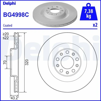 Bilde av DELPHI BG4998C Bremseskiver 320 22 5 ventilert belagt ubehandlet uten hjullager, ABS sensorring ALFA ROMEO: Giulia Sedan, Stelvio