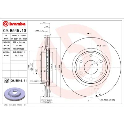 Bilde av BREMBO COATED DISC LINE 09.B545.11 Bremseskiver 358 34 6 innvendig ventilert belagt