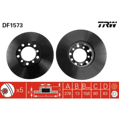 Bilde av TRW DF1573 Bremseskiver 278 12,6 5 112 fullt ut spraylakkert MERCEDES BENZ: S Klasse Sedan, W123 /8 Sedan