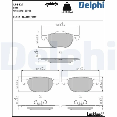 Bilde av DELPHI LP3827 Bremseklosser ikke klargjort for slitasjeindikator med antihyle blikk uten tilbehør FORD: FOCUS 3, 3 Turnier, C Max 2