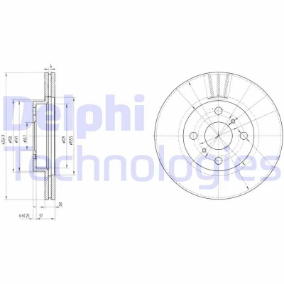 Bilde av DELPHI BG3520 Bremseskiver 255 20 4 ventilert oljet ubehandlet uten hjullager, ABS sensorring TOYOTA: Yaris I Hatchback, Verso