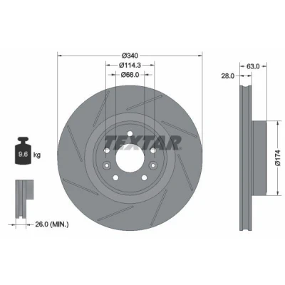 Bilde av TEXTAR PRO+ 92282205 Bremseskiver 340 28 05/07 114,3 med sliss, innvendig ventilert belagt høy karbon uten hjulfestebolt, hjulnav